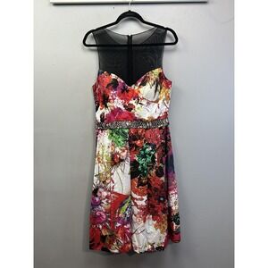 Teri Jon Dress Womens 12 Multicolor Fit & Flare Midi Sweetheart Beaded Party